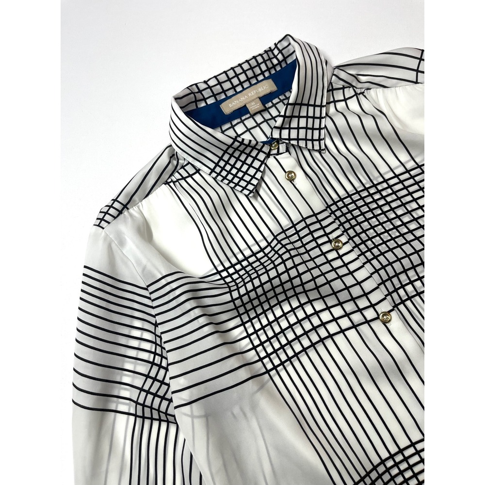 Banana Republic Womens Small Black White Grid Button Down Blouse Gold 0430